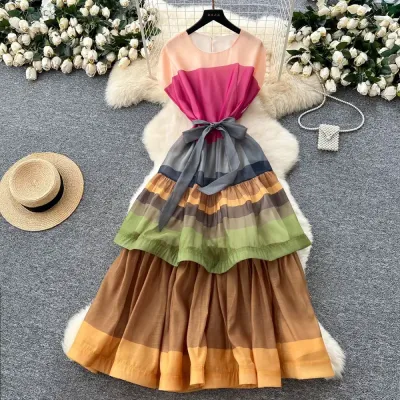 CONTRAST COLOR RUFFLES LONG SWING SKIRT